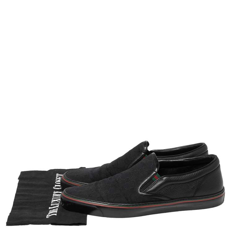 Pre Owned Gucci Black GG Canvas and Leather Slip-On Sneakers Size 44