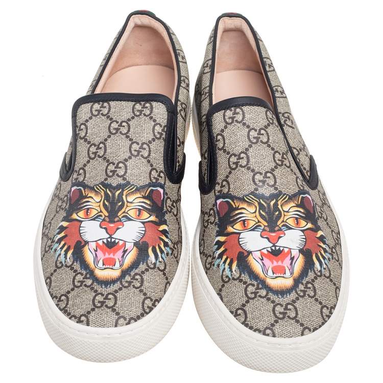 Pre Owned Gucci Black/Beige GG Supreme Canvas And Leather Tiger Slip On Sneakers Size 43.5