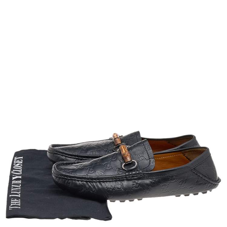 Pre Owned Gucci Black Guccissima Leather Bamboo Slip on Loafers Size 42.5