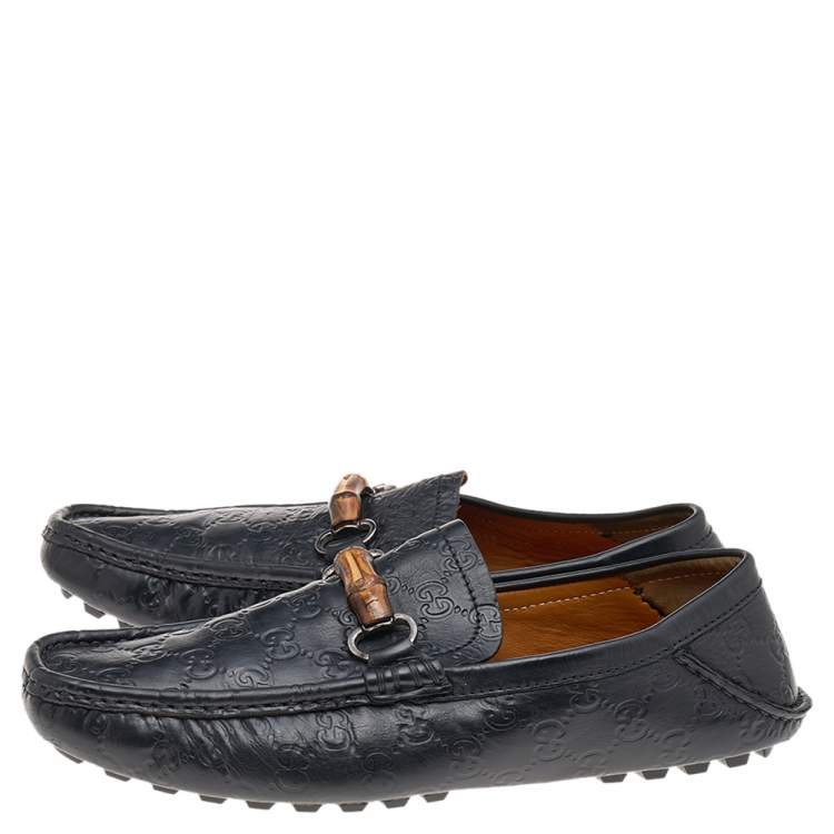 Pre Owned Gucci Black Guccissima Leather Bamboo Slip on Loafers Size 42.5