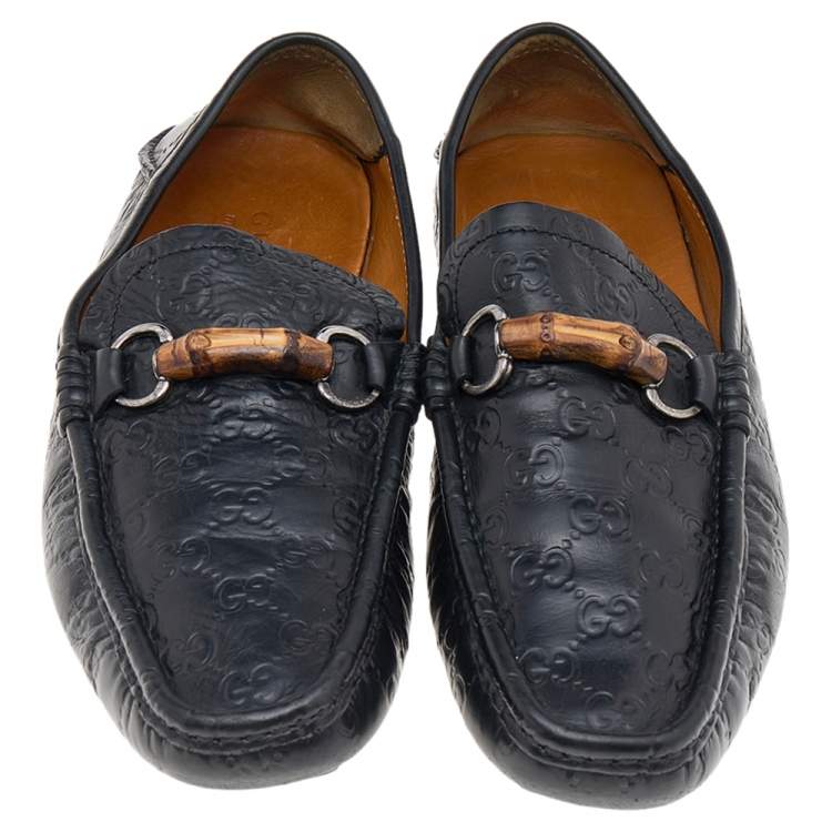 Pre Owned Gucci Black Guccissima Leather Bamboo Slip on Loafers Size 42.5