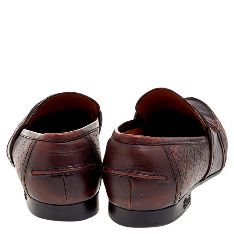 Pre Owned Gucci Dark Brown Hilary Diamante Embossed Leather Slip On Penny Loafers Size 43.5