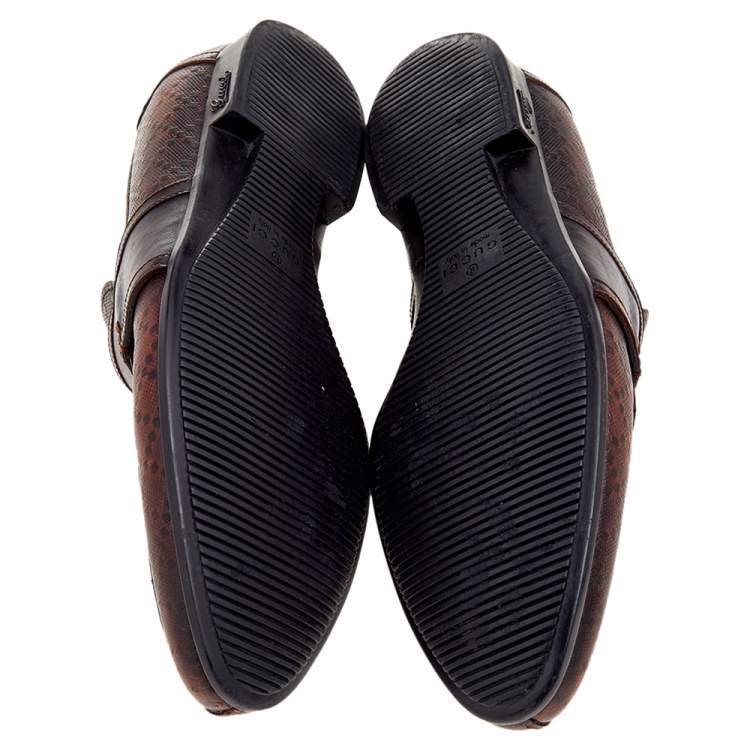 Pre Owned Gucci Dark Brown Hilary Diamante Embossed Leather Slip On Penny Loafers Size 43.5