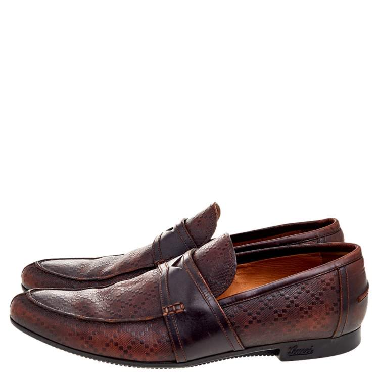 Pre Owned Gucci Dark Brown Hilary Diamante Embossed Leather Slip On Penny Loafers Size 43.5