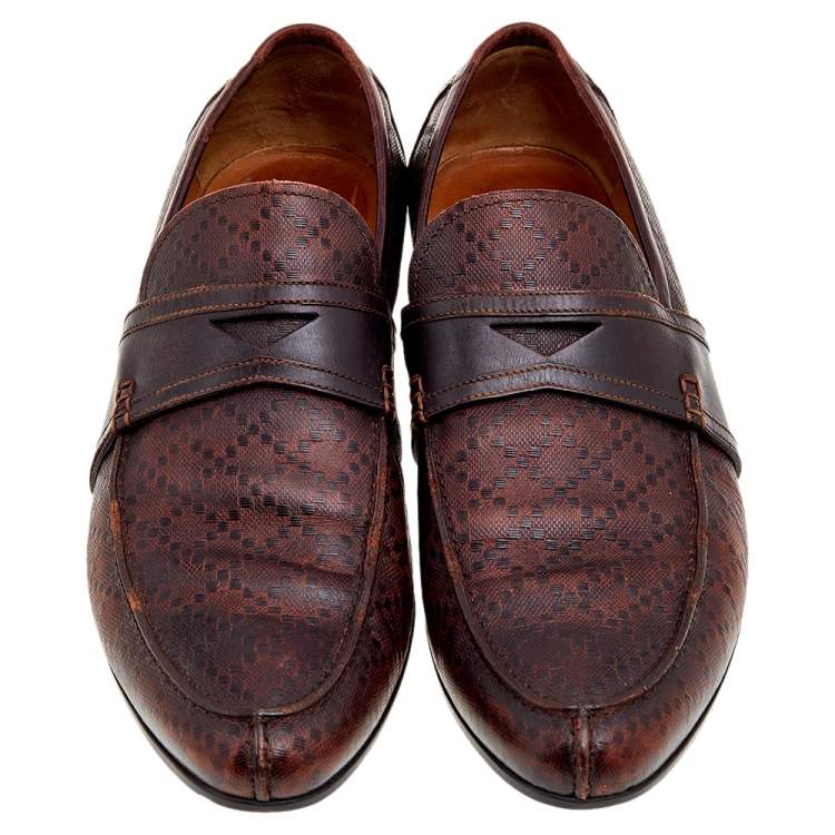 Pre Owned Gucci Dark Brown Hilary Diamante Embossed Leather Slip On Penny Loafers Size 43.5