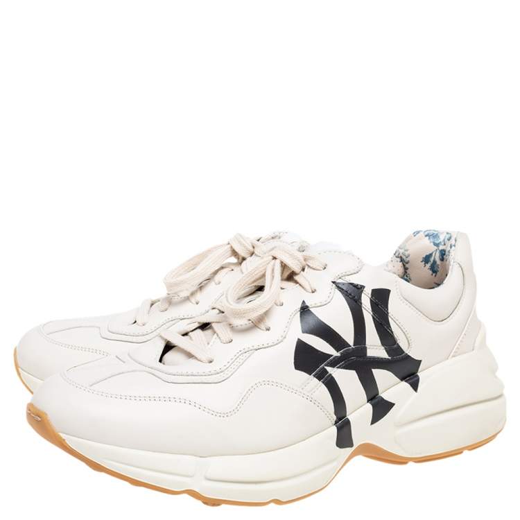 Pre Owned Gucci Mystic Cream Leather NY Yankees Rhyton Low-Top Sneakers Size 42