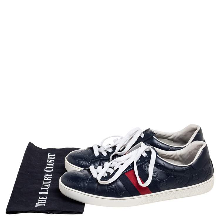 Pre Owned Gucci Dark Blue Guccissima Leather Ace Web Low Top Sneakers Size 45