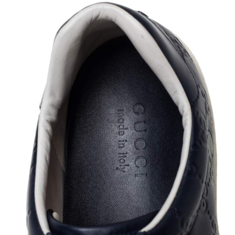Pre Owned Gucci Dark Blue Guccissima Leather Ace Web Low Top Sneakers Size 45