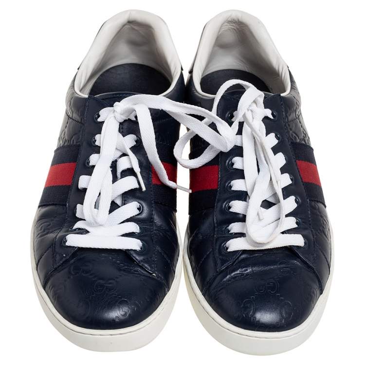 Pre Owned Gucci Dark Blue Guccissima Leather Ace Web Low Top Sneakers Size 45