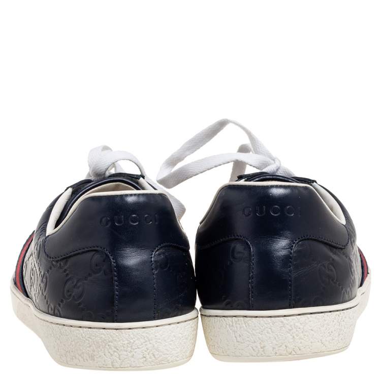 Pre Owned Gucci Dark Blue Guccissima Leather Ace Web Low Top Sneakers Size 45
