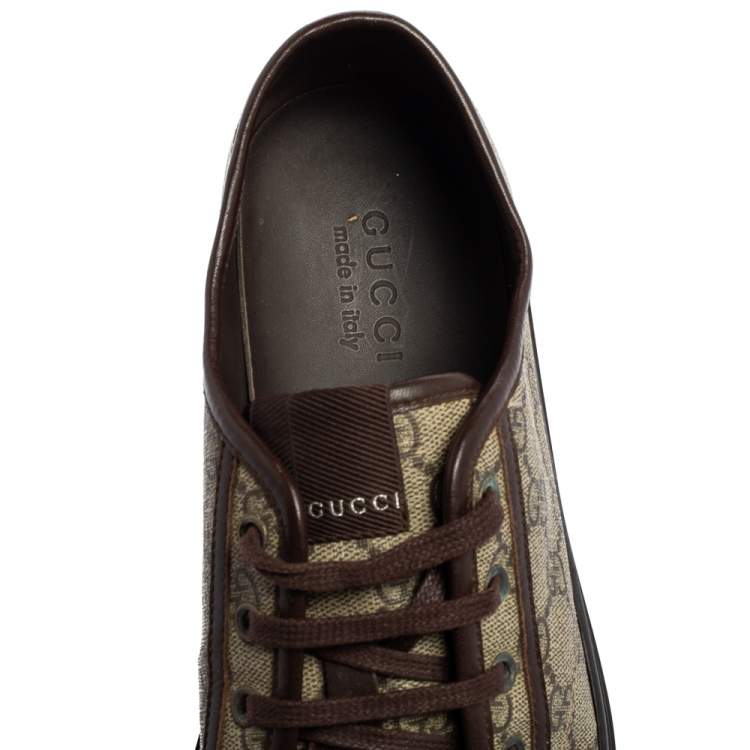 Pre Owned Gucci Brown Leather And Monogram Canvas Lace Up Sneakers Size 43.5