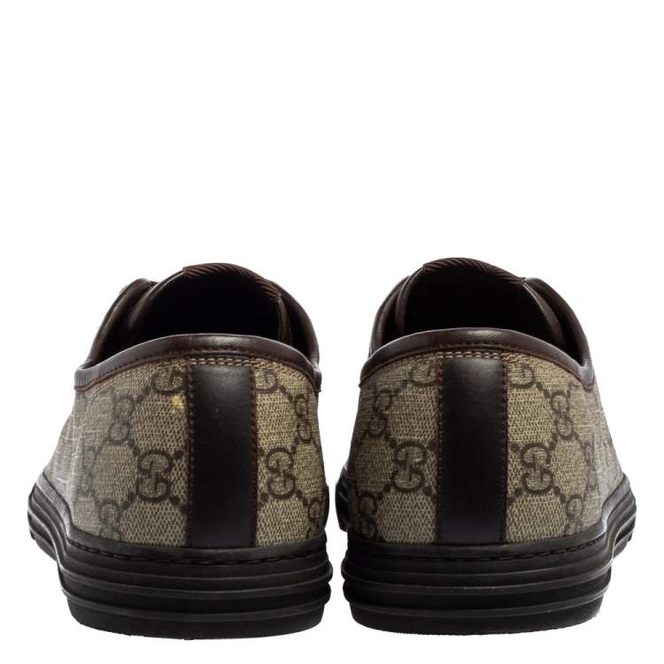 Pre Owned Gucci Brown Leather And Monogram Canvas Lace Up Sneakers Size 43.5