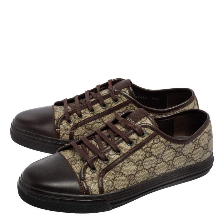 Pre Owned Gucci Brown Leather And Monogram Canvas Lace Up Sneakers Size 43.5