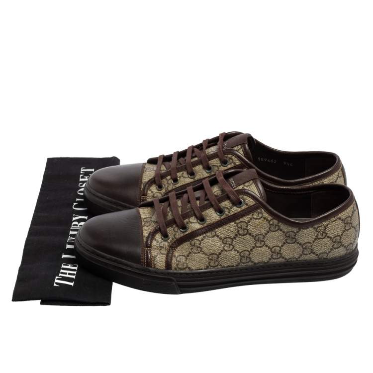 Pre Owned Gucci Brown Leather And Monogram Canvas Lace Up Sneakers Size 43.5