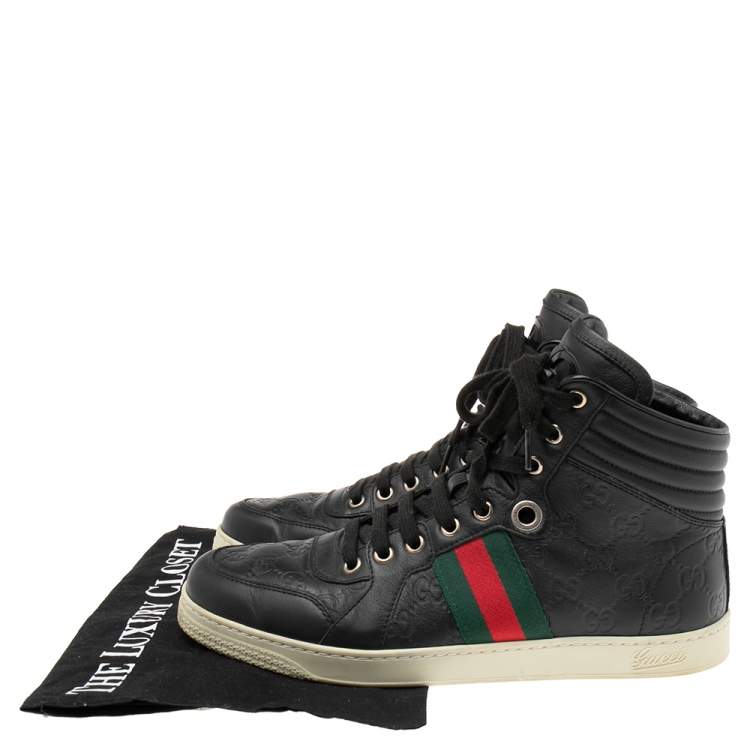 Pre Owned Gucci Black Guccissima Leather Web Detail High-Top Sneakers Size 41
