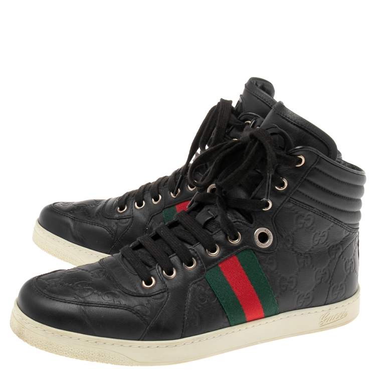 Pre Owned Gucci Black Guccissima Leather Web Detail High-Top Sneakers Size 41