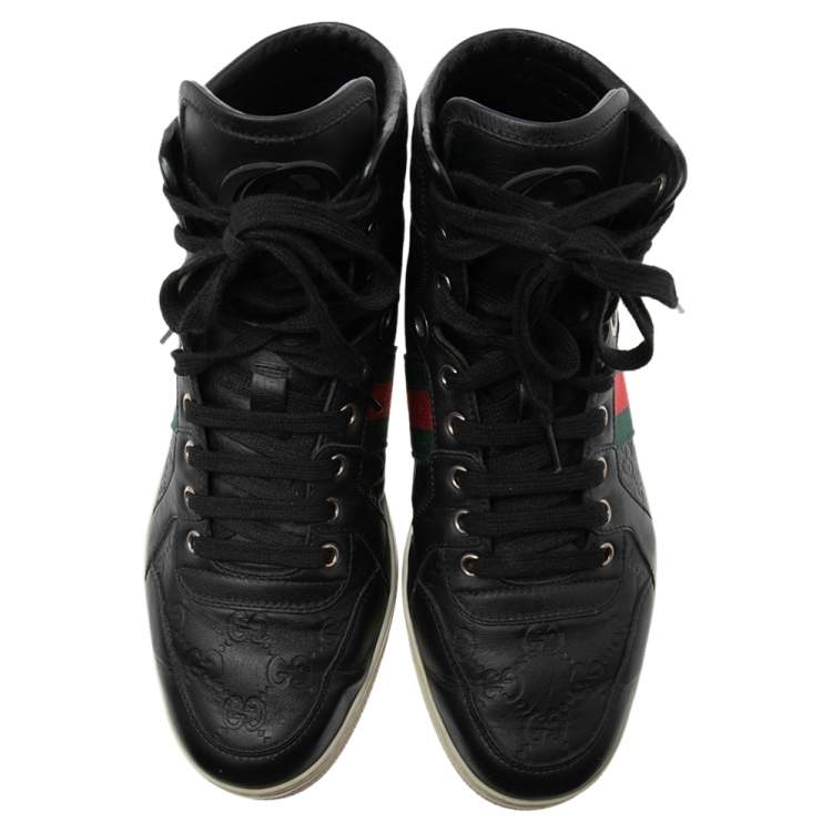 Pre Owned Gucci Black Guccissima Leather Web Detail High-Top Sneakers Size 41