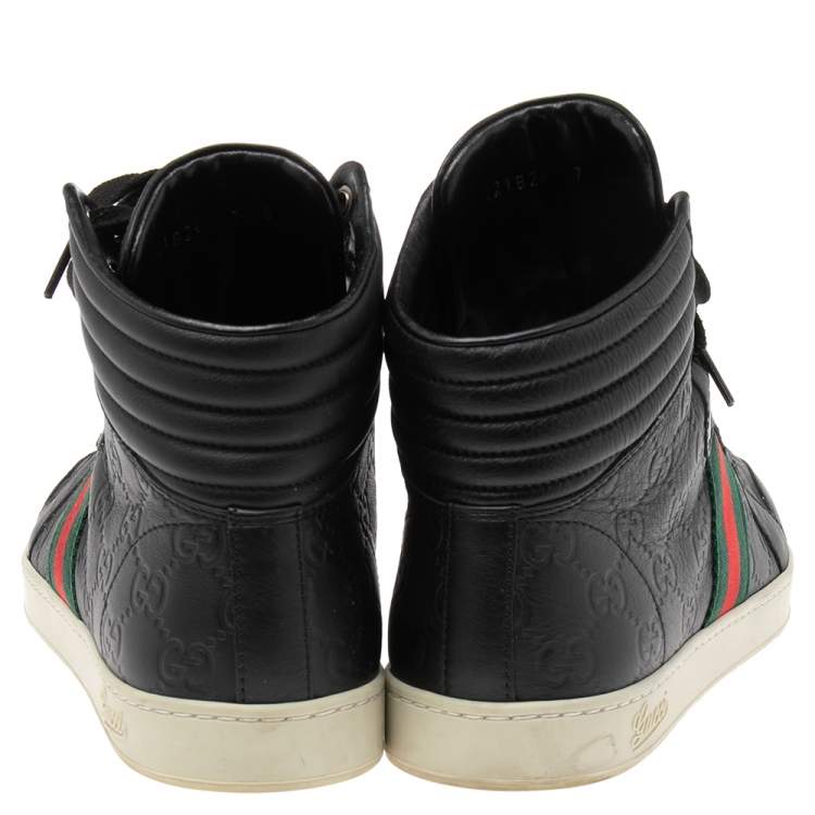Pre Owned Gucci Black Guccissima Leather Web Detail High-Top Sneakers Size 41