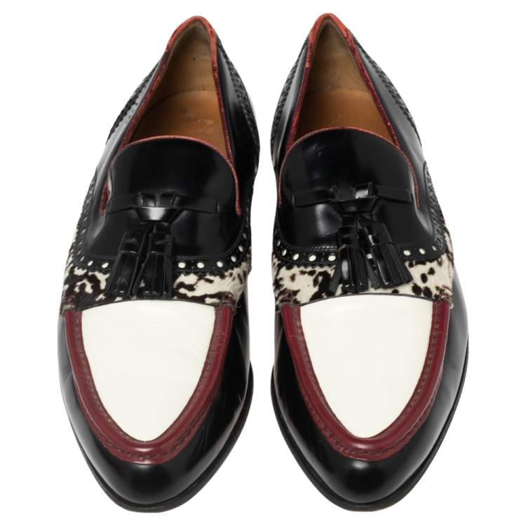 Pre Owned Gucci Multicolor Leather and Printed Calf Hair Trim Tassel Detail Slip-on Loafers Size 43