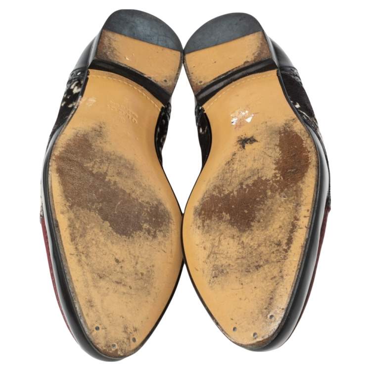 Pre Owned Gucci Multicolor Leather and Printed Calf Hair Trim Tassel Detail Slip-on Loafers Size 43