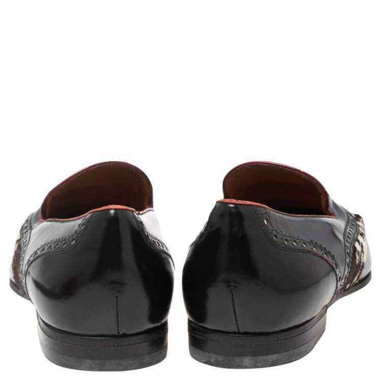 Pre Owned Gucci Multicolor Leather and Printed Calf Hair Trim Tassel Detail Slip-on Loafers Size 43