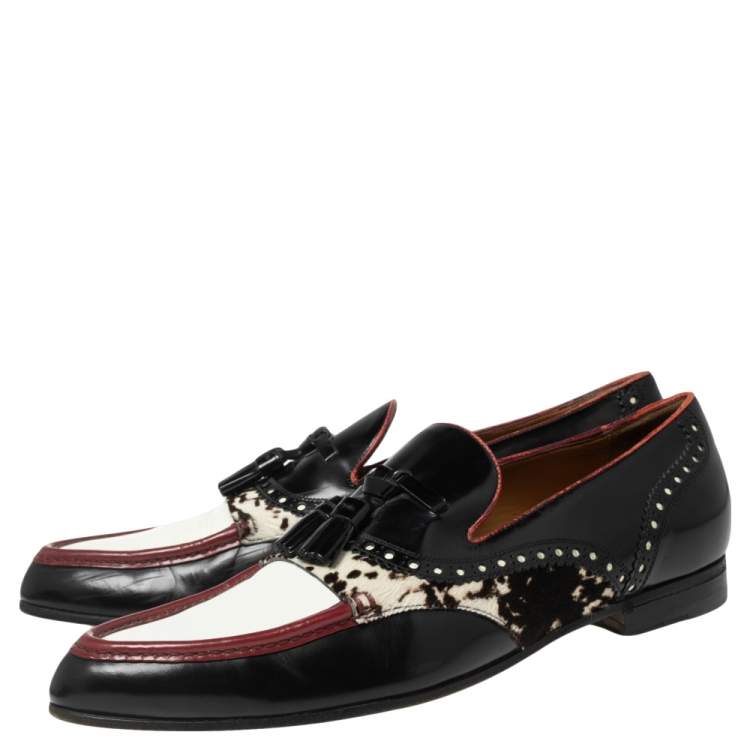 Pre Owned Gucci Multicolor Leather and Printed Calf Hair Trim Tassel Detail Slip-on Loafers Size 43