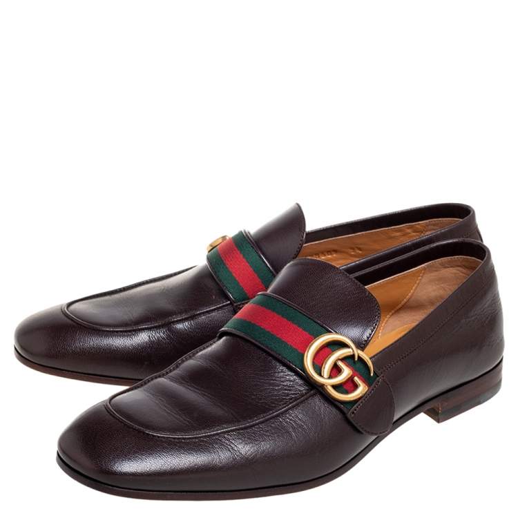 Pre Owned Gucci Dark Brown Leather GG Web Loafers Size 43.5