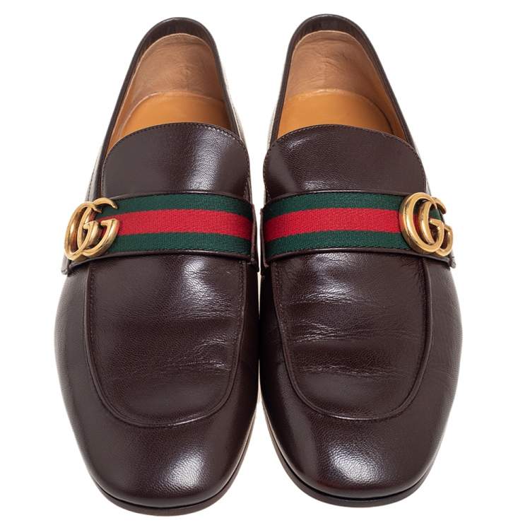 Pre Owned Gucci Dark Brown Leather GG Web Loafers Size 43.5