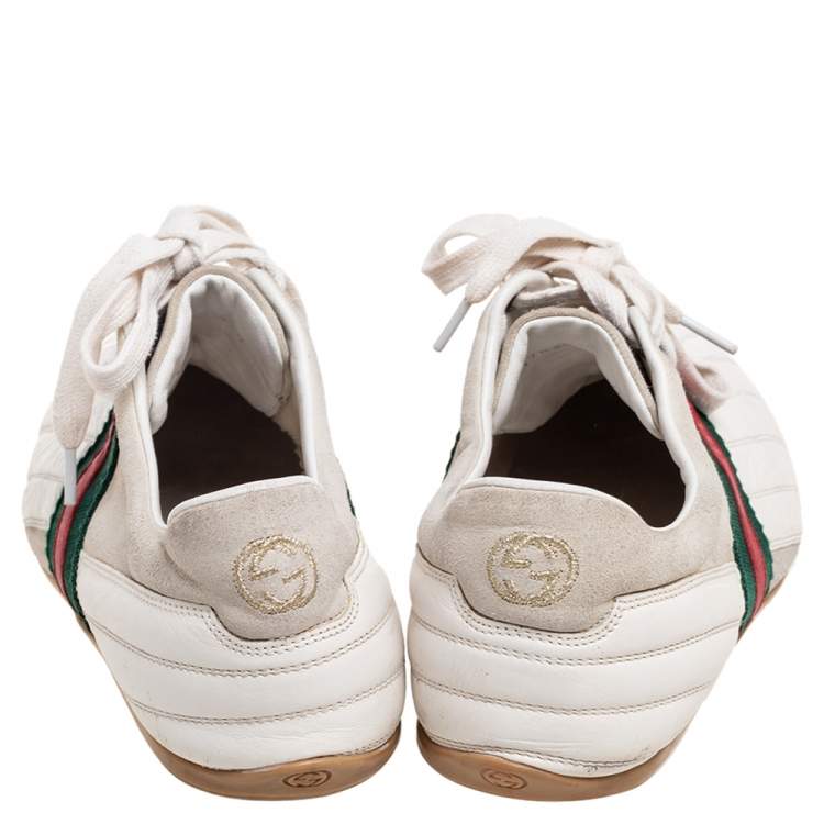 Pre Owned Gucci White/Grey Leather And Suede Web Detail Lace Up Sneakers Size 41