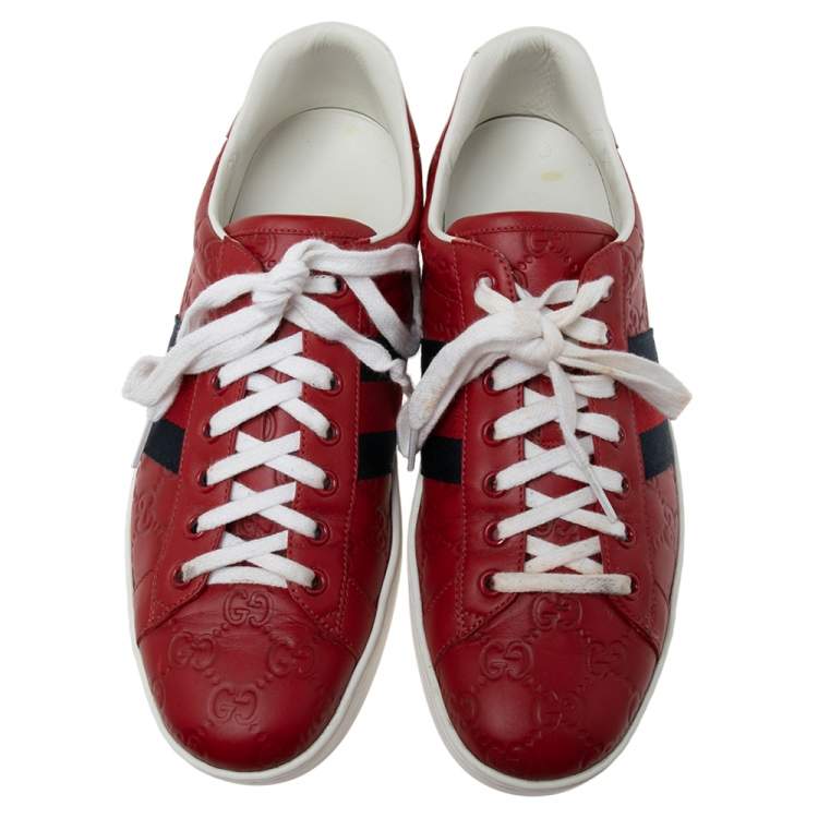 Pre Owned Gucci Red Guccissima Leather Ace Low Top Sneakers Size 43.5  