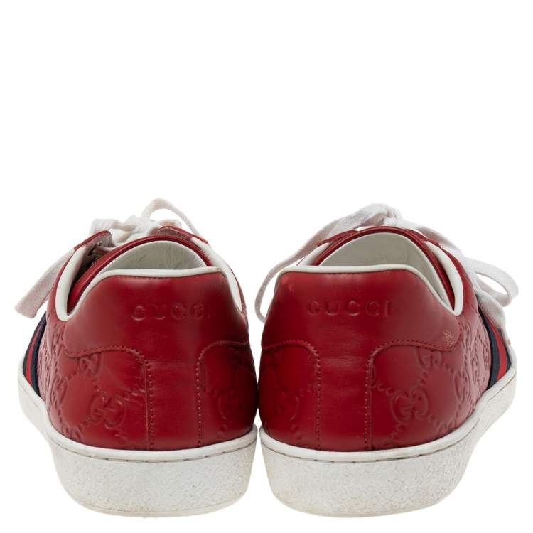 Pre Owned Gucci Red Guccissima Leather Ace Low Top Sneakers Size 43.5  