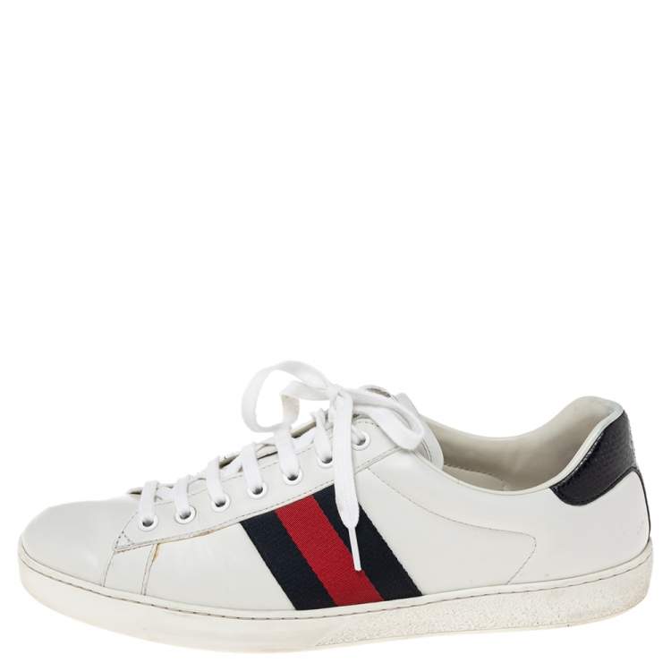 Pre Owned Gucci White Leather Web Ace Low-Top Sneakers Size 43.5