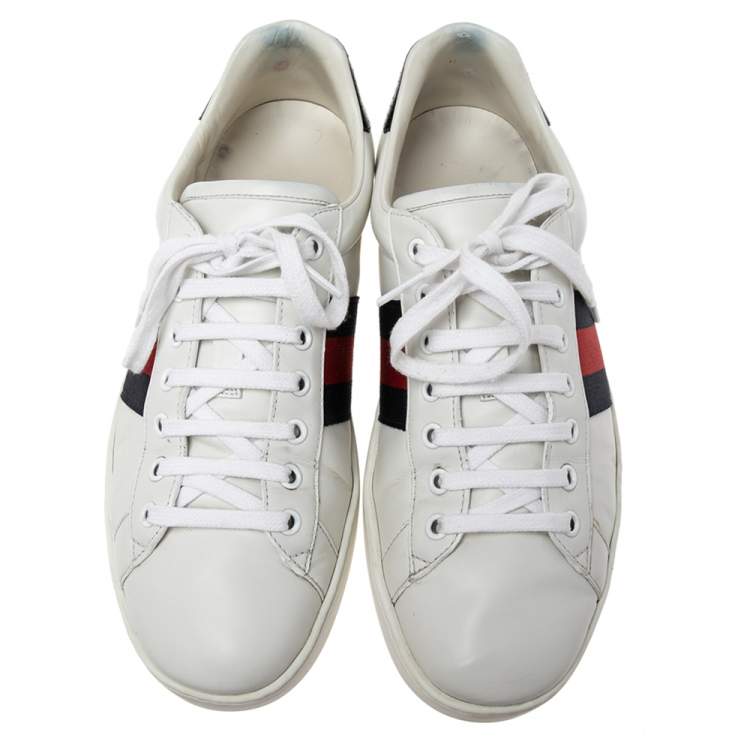 Pre Owned Gucci White Leather Web Ace Low-Top Sneakers Size 43.5