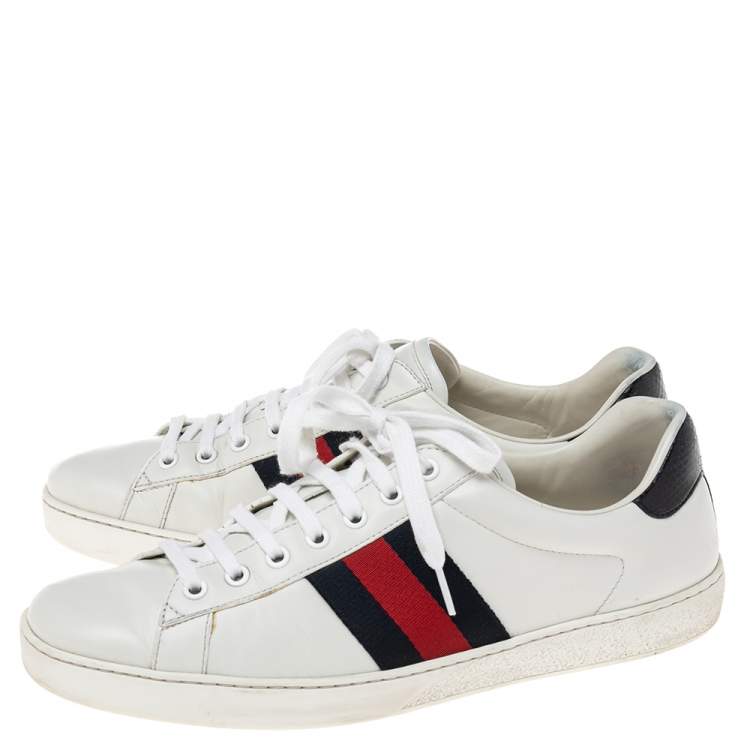 Pre Owned Gucci White Leather Web Ace Low-Top Sneakers Size 43.5