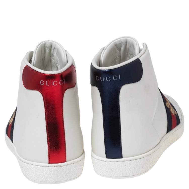 Pre Owned Gucci White Leather Embroidered Bee Web Ace High-Top Sneakers Size 41.5 
