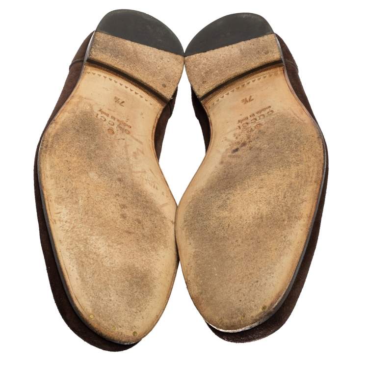 Pre Owned Gucci Dark Brown Suede Horsebit Web Loafers Size 41.5