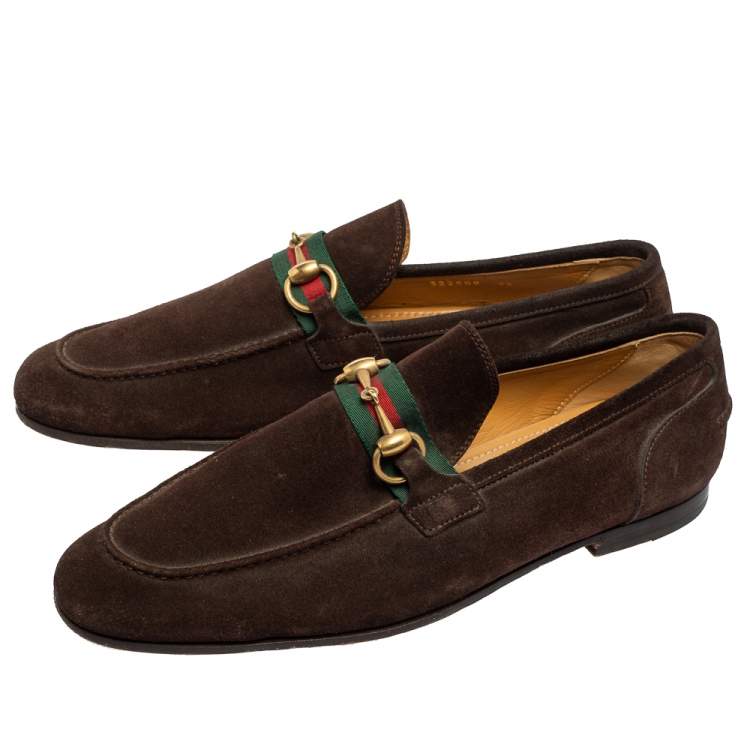 Pre Owned Gucci Dark Brown Suede Horsebit Web Loafers Size 41.5