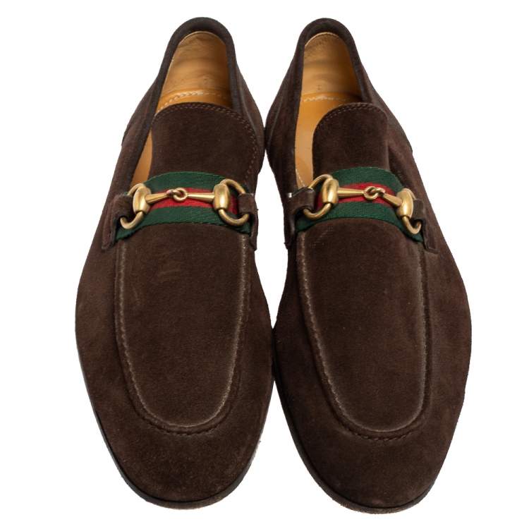 Pre Owned Gucci Dark Brown Suede Horsebit Web Loafers Size 41.5