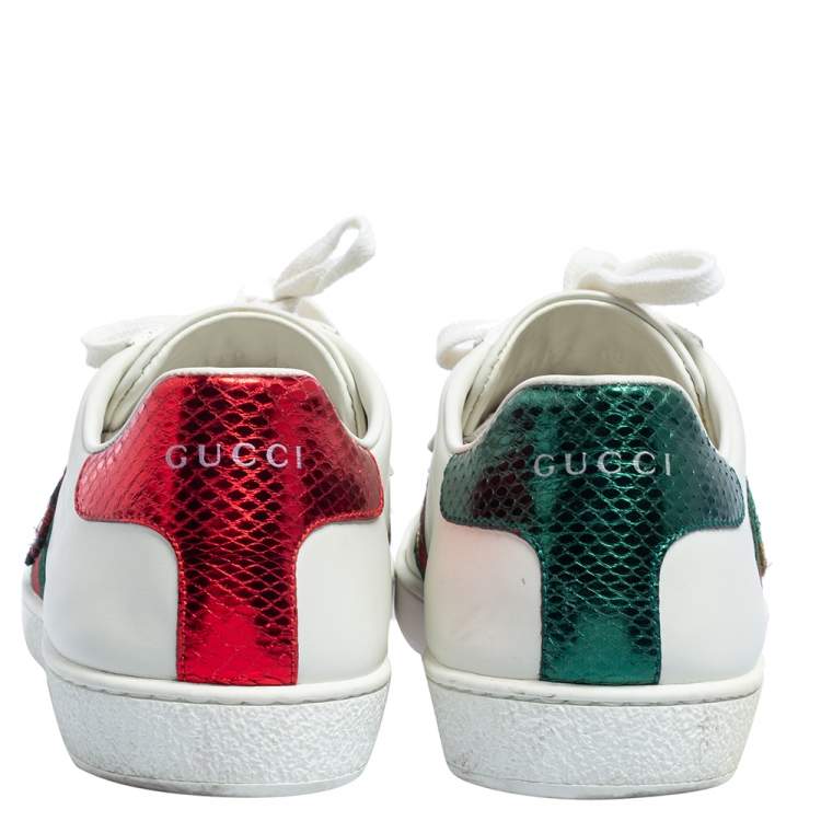 Pre Owned Gucci White Leather Web Embroidered Ace Sneakers Size 40