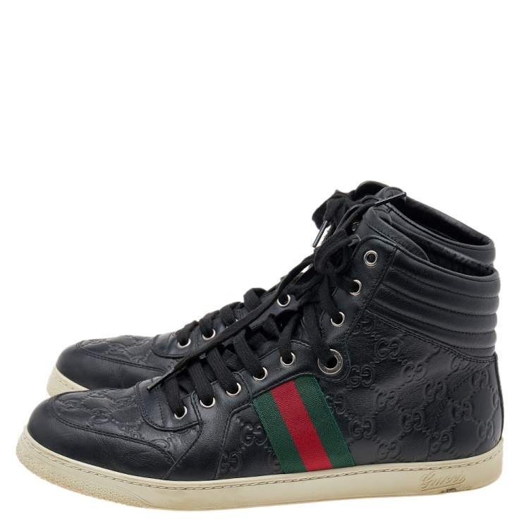 Pre Owned Gucci Black Guccissima Leather Web Detail High Top Sneakers Size 43.5