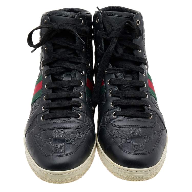 Pre Owned Gucci Black Guccissima Leather Web Detail High Top Sneakers Size 43.5