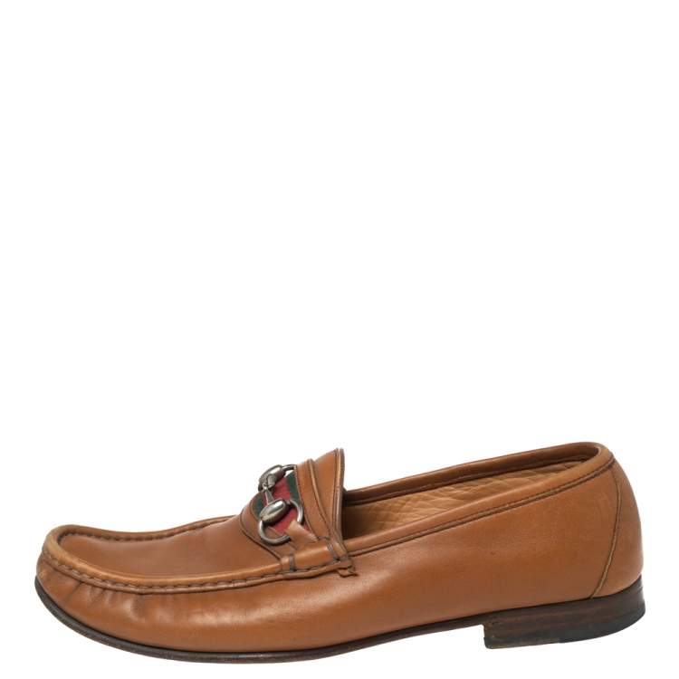 Pre Owned Gucci Brown Leather Web Horsebit Loafers Size 41.5