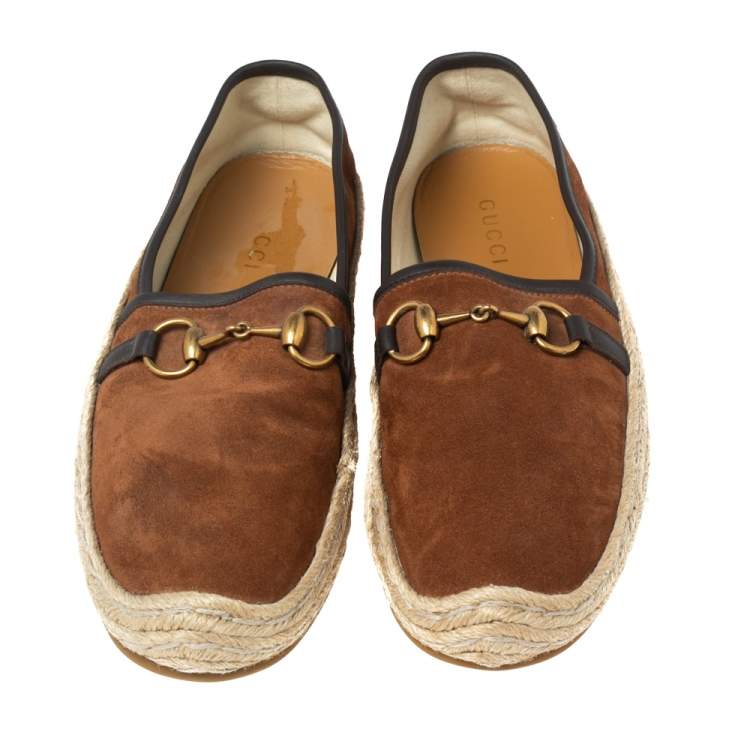 Pre Owned Gucci Brown Suede  Horsebit Espadrille Loafers Size 42