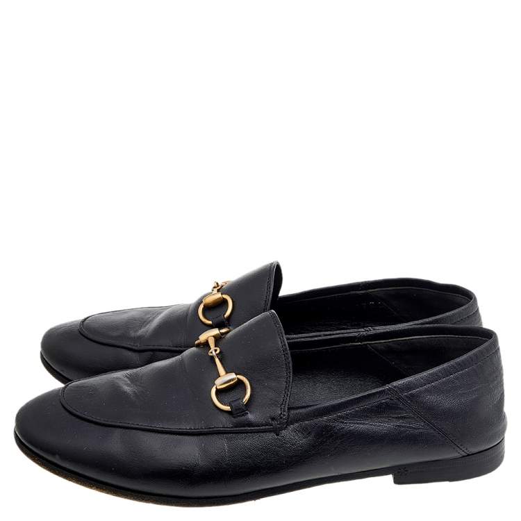Pre Owned Gucci Black Leather Horsebit Accent Slip On Loafers Size 35.5