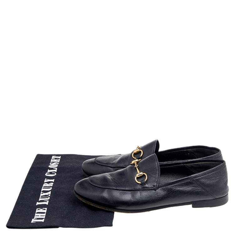 Pre Owned Gucci Black Leather Horsebit Accent Slip On Loafers Size 35.5