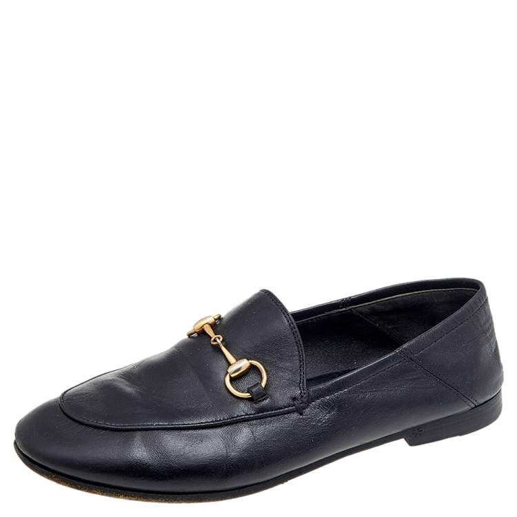 Pre Owned Gucci Black Leather Horsebit Accent Slip On Loafers Size 35.5