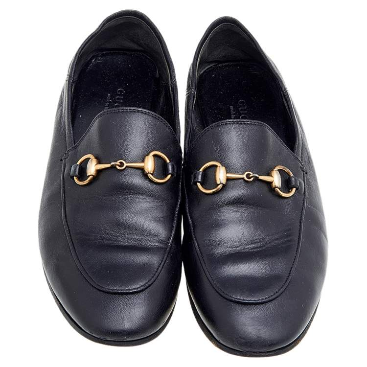 Pre Owned Gucci Black Leather Horsebit Accent Slip On Loafers Size 35.5