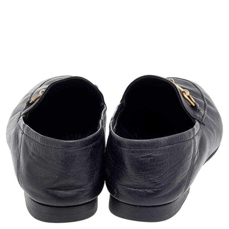 Pre Owned Gucci Black Leather Horsebit Accent Slip On Loafers Size 35.5