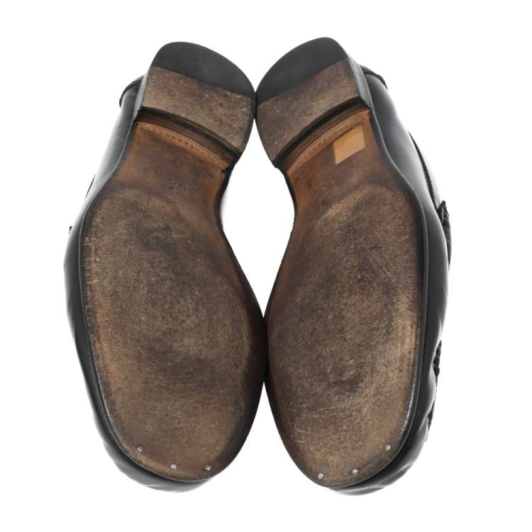 Pre Owned Gucci Black Leather Bamboo Horsebit Loafers Size 45