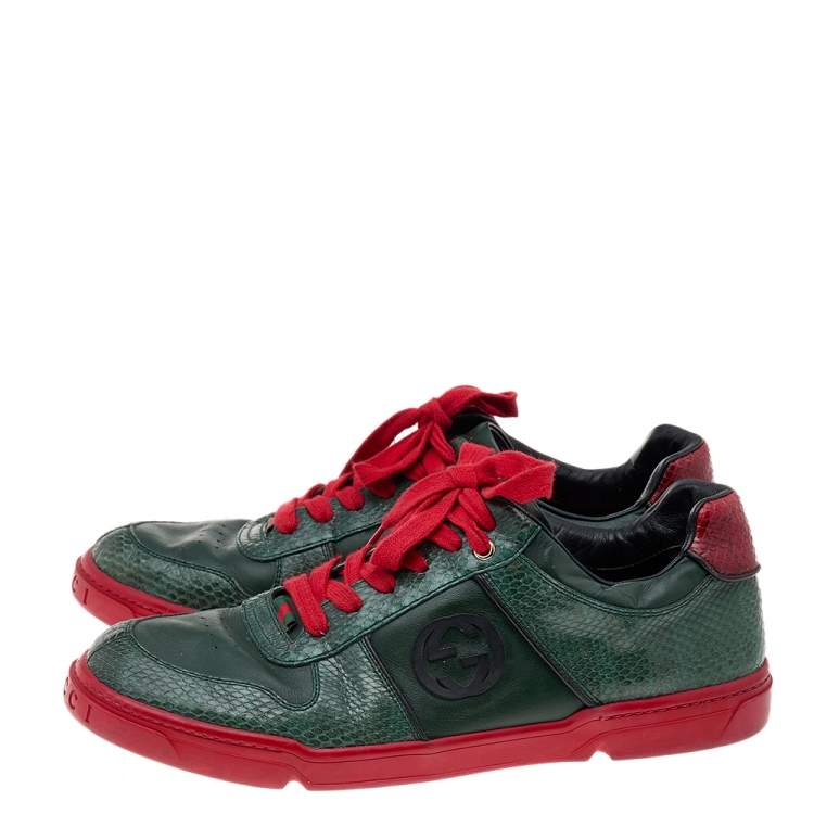 Pre Owned Gucci Green/Red Python And Leather GG Low Top Sneakers Size 44.5
